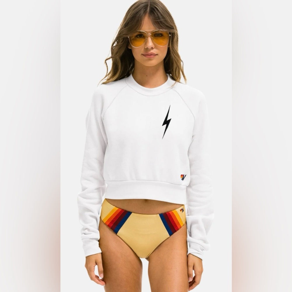 Aviator Nation Bolt 2 Cropped Sweatshirt White with Black Bolt Size S
